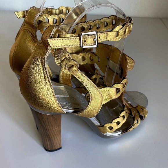 Barbara Bui T Strap Platform Sandal Open Toe Leather Heel Silver Gold Me… - Picture 6 of 8